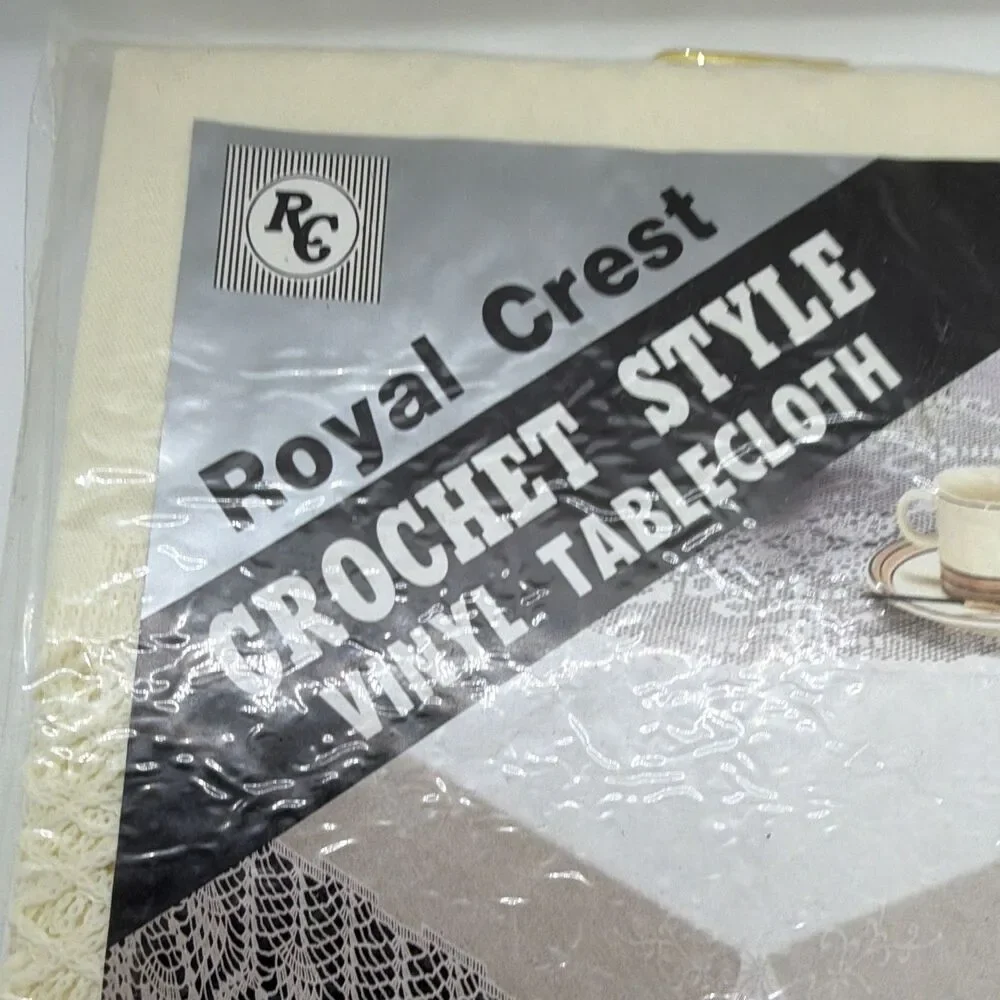 Vintage Royal Crest Tablecloth New Crochet Style Vinyl White Rectangular 60”x90”
